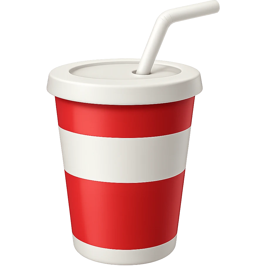 Make the soft drink cup red and white in the style of apple emojis, add a straw, with no background. Keep the emoji style look. emoji