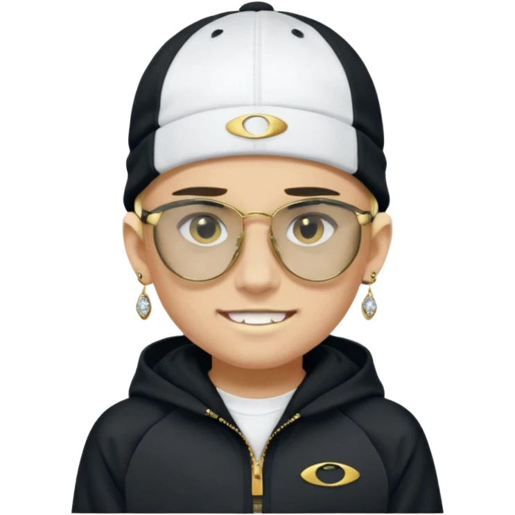 un emoji de un chico emcapuchado blanco, con gorro kalenji, dientes de oro, com uma chaqueta negra nike tech y unas gafas de oakley, con pendientes de diamante  emoji