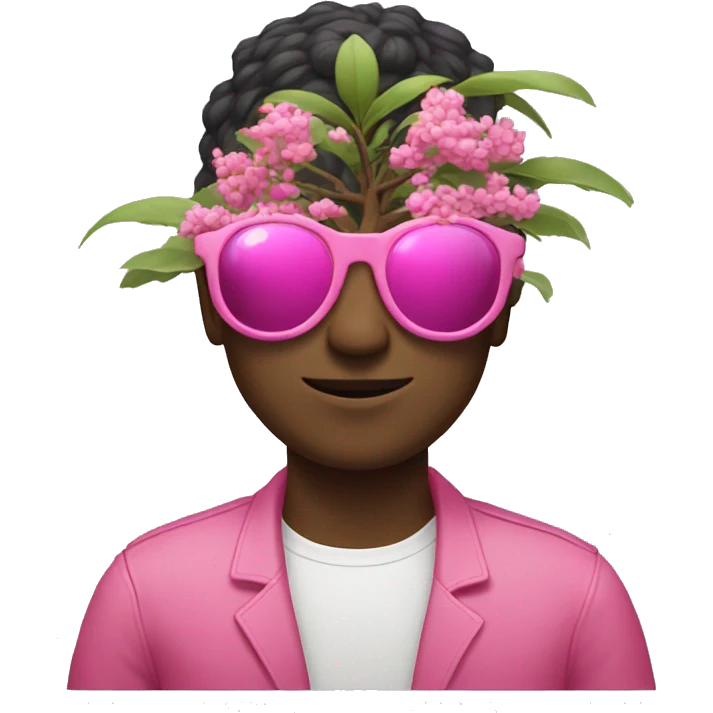 man holding a pink bozai tree while wearing googles emoji