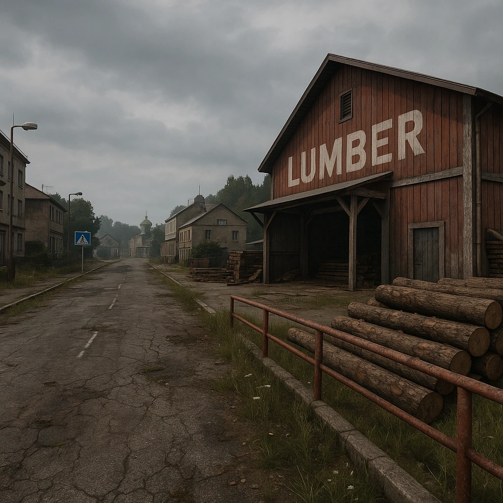 a view of the city street in a videogame: DayZ - in the town of berezio "lumber" [no text contained in the image] emoji
