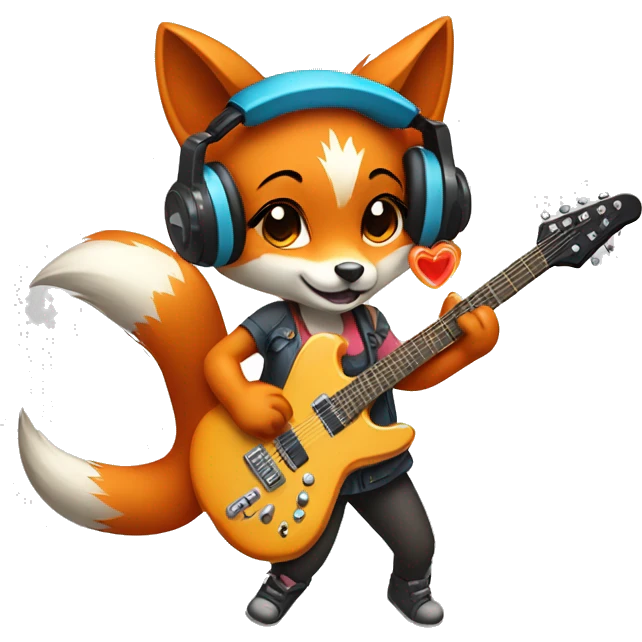 cute girl fox wearing headphones and playing an electric guitar emoji