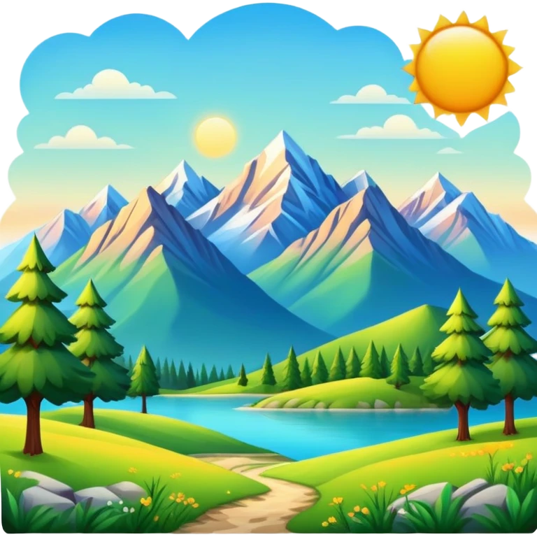 nature landscape with mountains, trees, and sun emoji