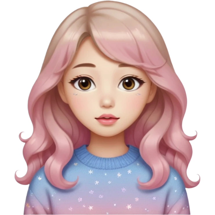 “korean Emoji girl, soft eyeliner, gradient rose lips, light brown shimmer eyeshadow, sparkly aegyo-sal, long wavy hair, cozy pastel sweater.” emoji