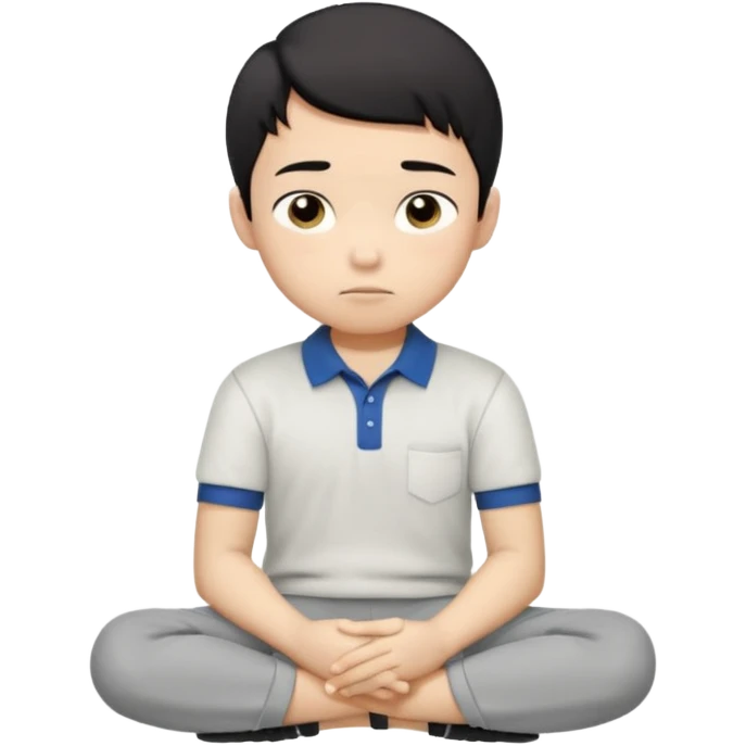 Cartoon Asian boy sitting cross-legged, clearly resting his closed fist against his cheek, looking thoughtful with a slight smirk. White polo, gray pants, black shoes, large eyes, short black hair. Clean vector style, flat colors, black background. emoji