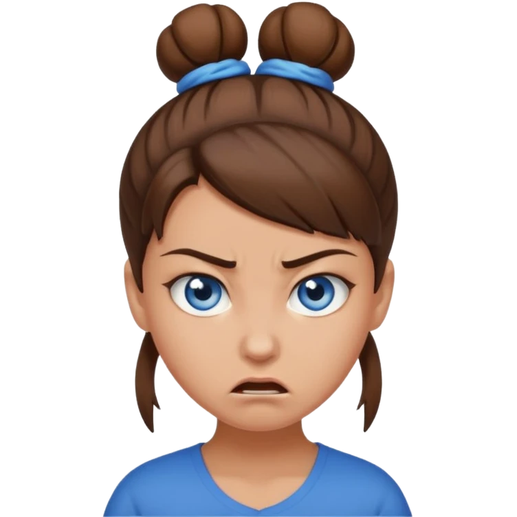 girl with blue eyes, brown hair in an angry brown bun emoji