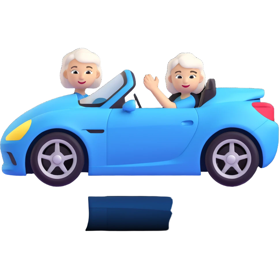 Ensure only the mother with white hair is in the blue sports car, no other person visible, keep 3D emoji style, 10% more realistic, no background. emoji