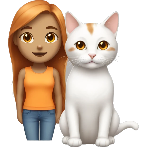 White and orange cat and girl with brown hair and light skin  emoji
