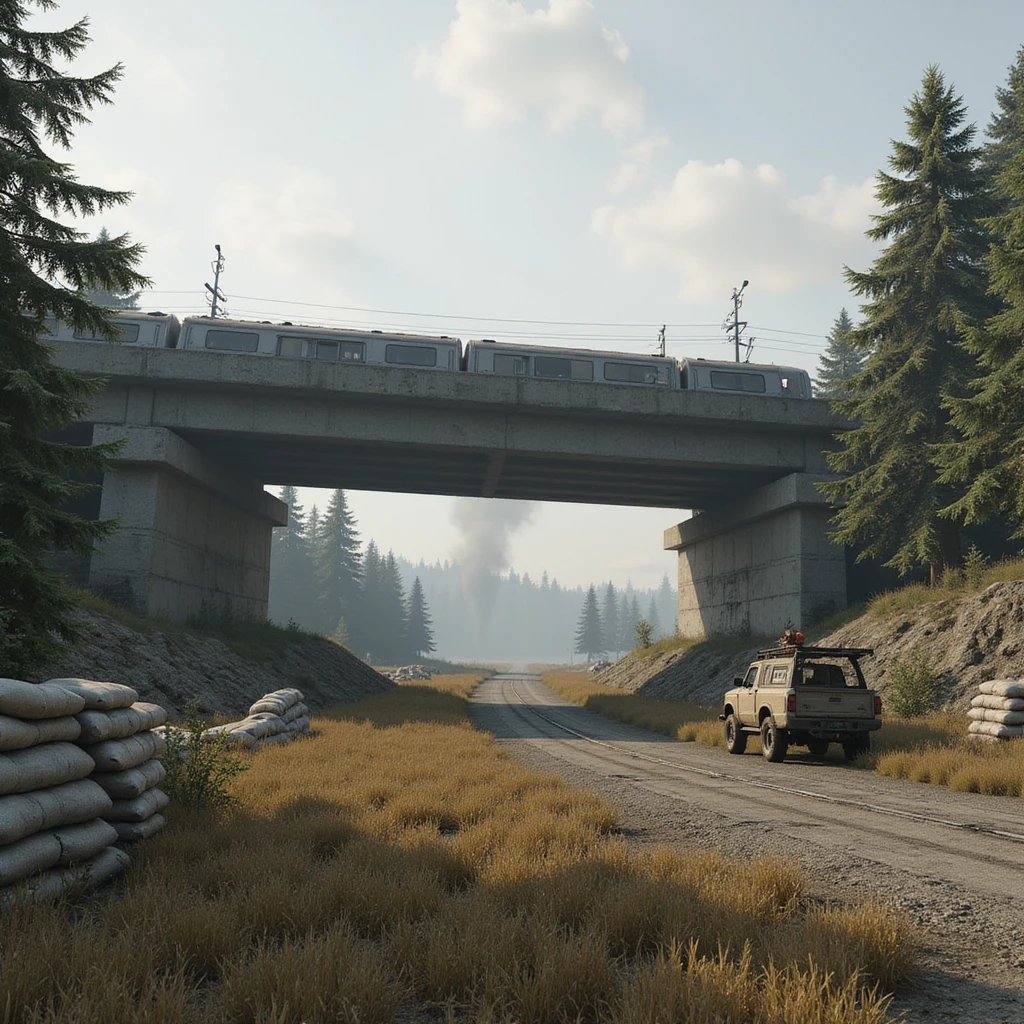  a screenshot of a location in a videogame  the image of the scene consists of:  [above-ground train freeway partially collapsed], a wooded area, a small field of wheat, sandbag barricades. distant smoke. uneven terrain, derelict vintage work trucks, more distant smoke. polluted and war-torn emoji