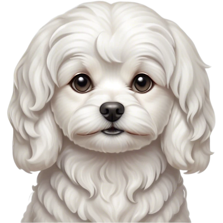 Cinematic Noble Wavy-Haired Maltese Portrait Emoji, Poised and regal, with a delicate, compact build and a pristine, wavy-haired white coat that cascades in gentle curls, deep-set soulful dark eyes, Simplified yet sharp and sophisticated features, highly detailed, glowing with a soft, dignified glow, high shine, intelligent and gentle, stylized with an air of refinement, focused and attentive, soft glowing outline, capturing the essence of a watchful and graceful companion, so majestic it feels as though it could prance out of the screen with effortless authority! emoji