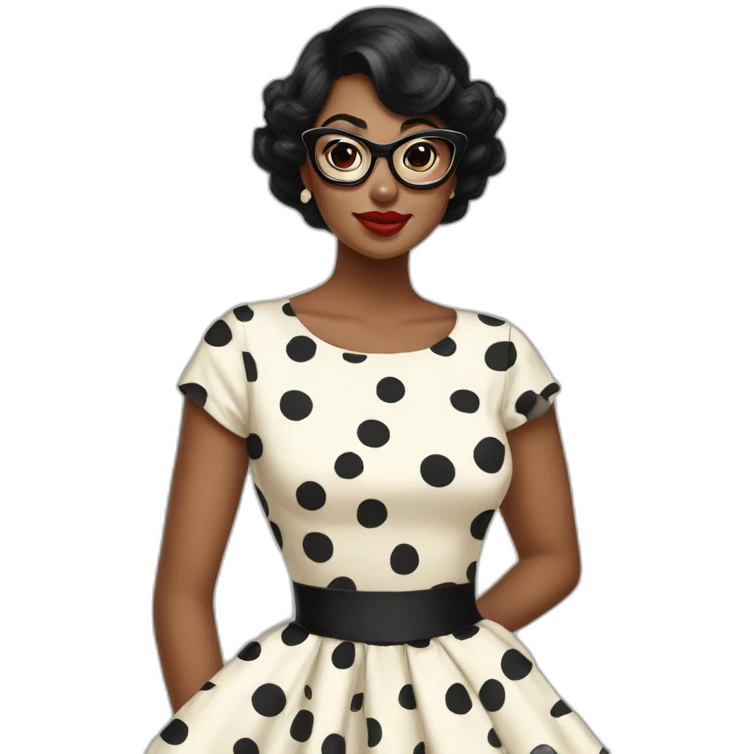 Black haired woman who wears classic pinup dresses with polka dots and big eyecat glasses  emoji