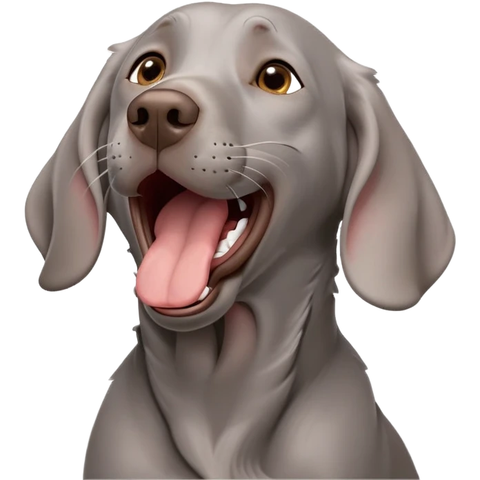 cinematic-cute-yawning-weimaraner-portrait-emoji,-head-tilted-slightly-with-a-dramatic,-wide-open-yawn,-revealing-a-sleek grey fur-with-a-subtle-shimmer,-floppy-ears-slightly-drooping,-round-brown-eyes-barely-open-in-drowsy emoji