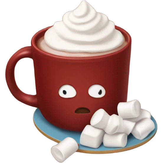 Deep red mug of hot choloate with marshmallows and whipped cream on top emoji