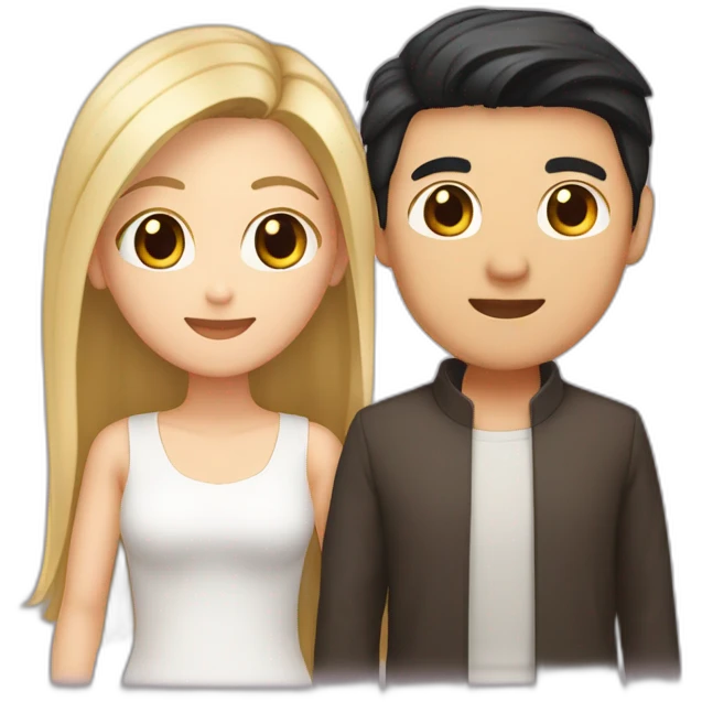 A couple consisting of asian korean man with dark eyes and hair tanned skin and white girl with long straight blonde hair and brown eyes emoji