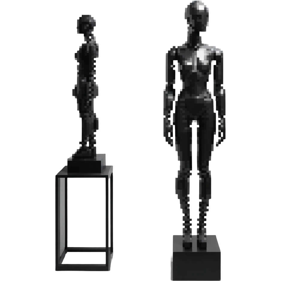 Minimalistic flat vector icon, iOS style, thin black contour on white background. Matte black mannequin in front of in 3D monochrome style. skulpt emoji