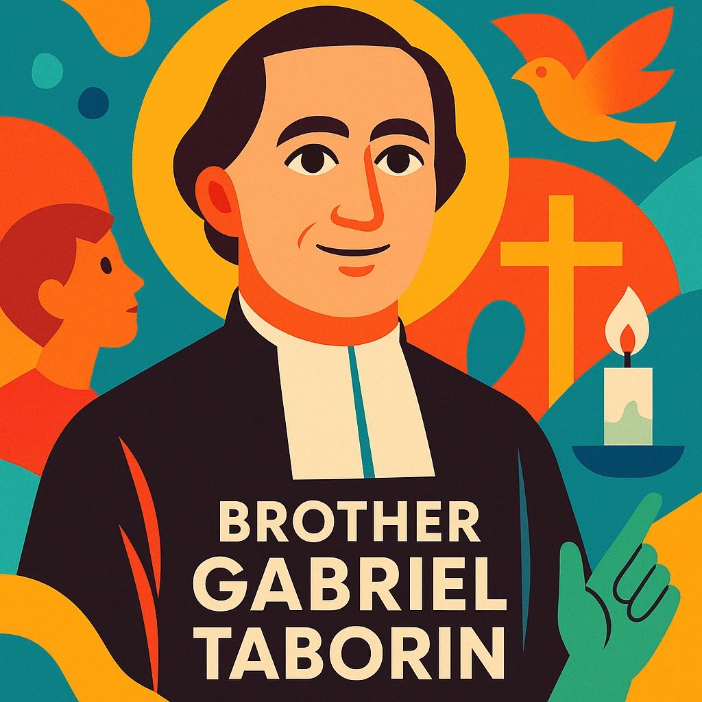 modern Christian vocational animation, stylized portrait of Brother Gabriel Taborin with abstract background, elements of faith and youth, modern graphic style, luminous colors emoji