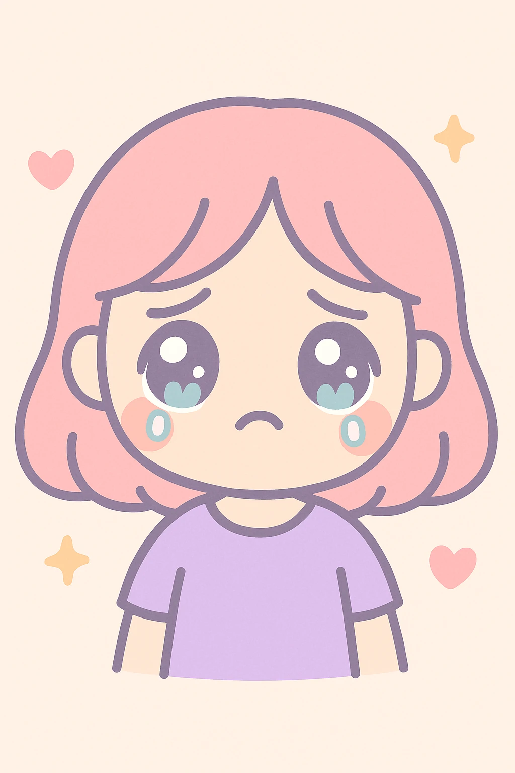 sad girl, teary eyes, pastel colors, kawaii style emoji