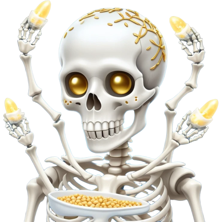 Silvery sardines, bright white yogurt, and golden sesame seeds orbiting around a glowing skeleton, with light beams connecting them to bones emoji
