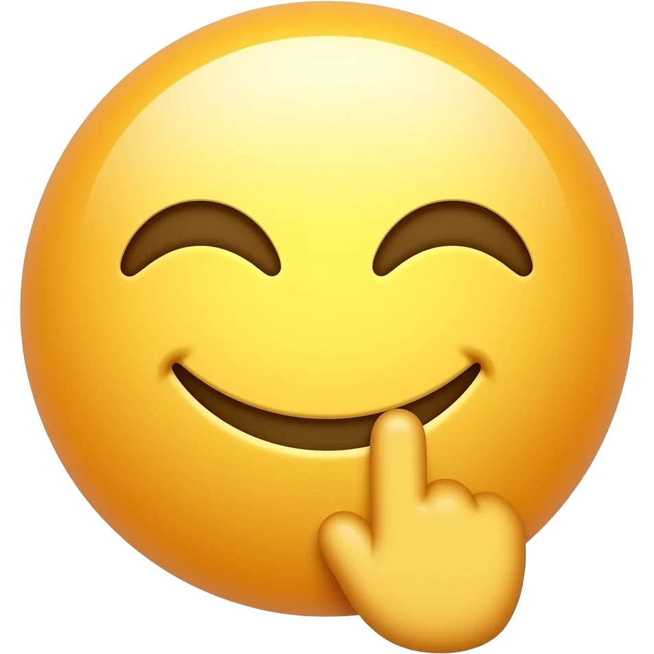 A classic 3D glossy yellow emoji face. The emoji has a playfully smirk, and is biting its own index finger in a teasing, flirty way. Clean solid white background, high-quality vector 3D render. think flirty emoji