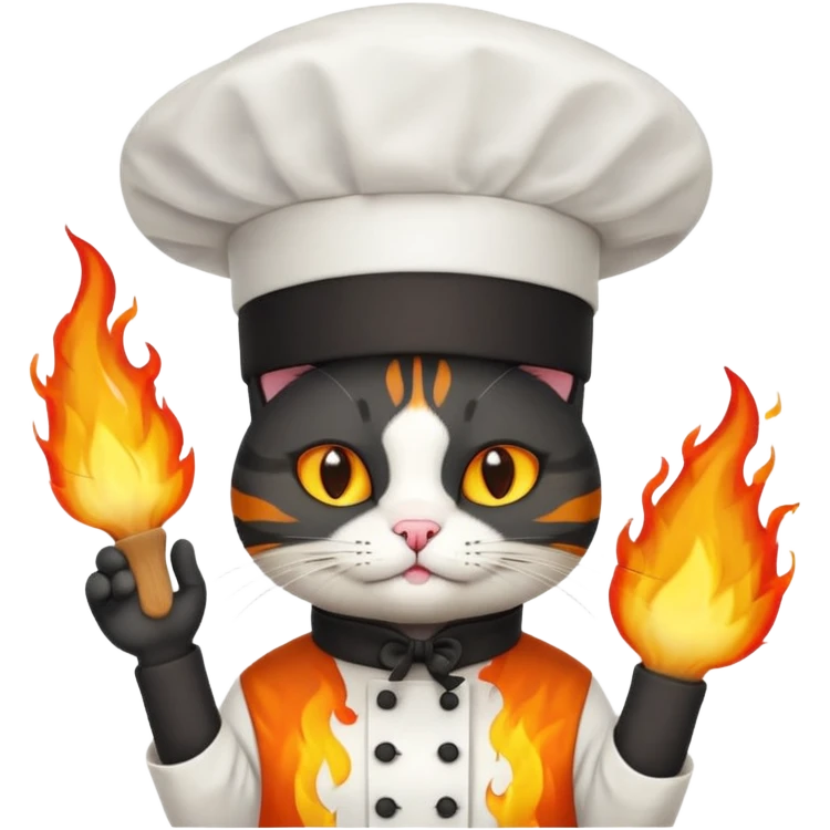 black chef cat wearing a tall white chef hat, burning hat emoji