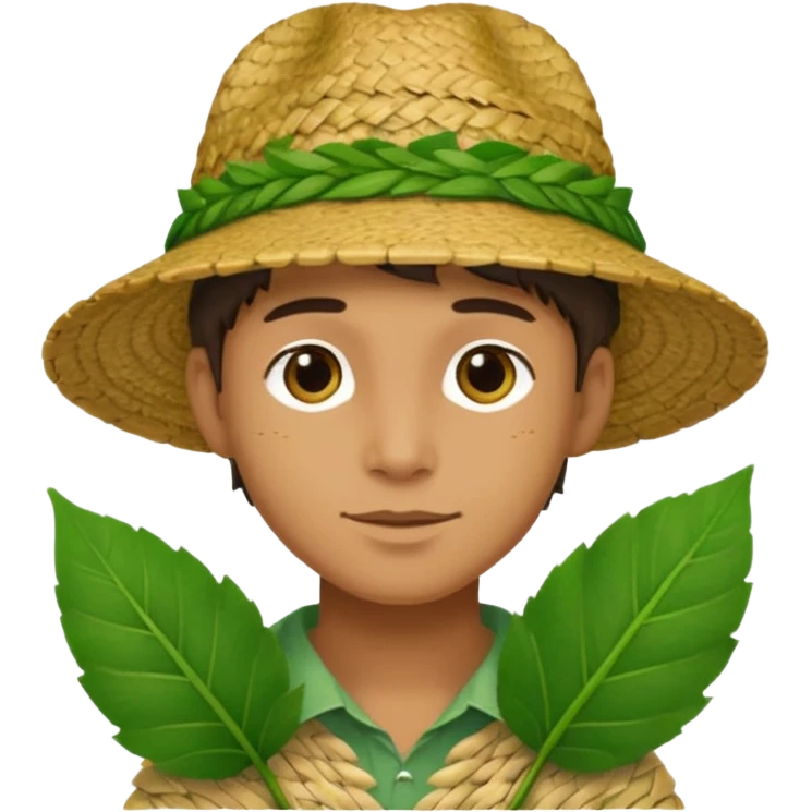 Adam, wearing a handmade hat woven from fresh green leaves, white background emoji