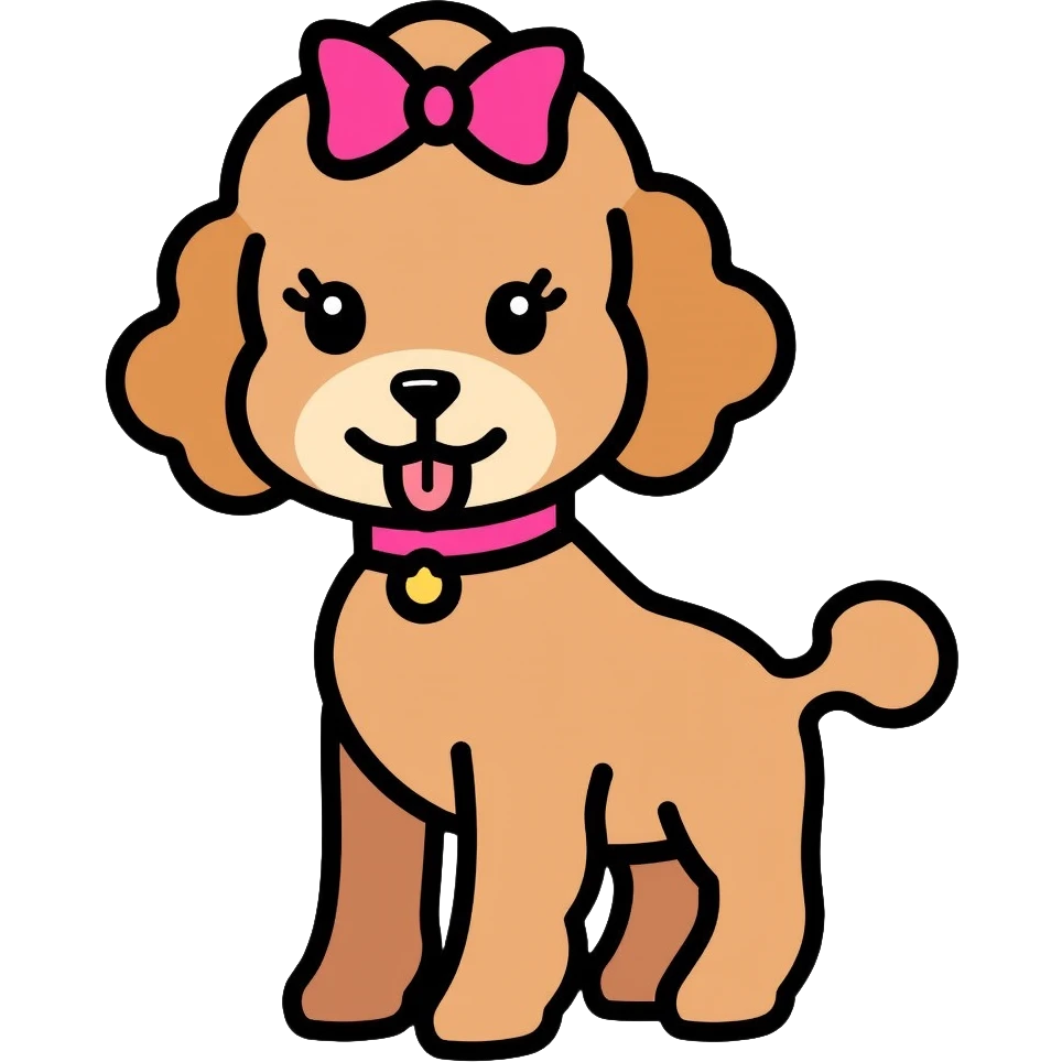 Cute brown poodle dog with a pink bow on its head and tail, with its tongue sticking out, and wearing a pink collar emoji