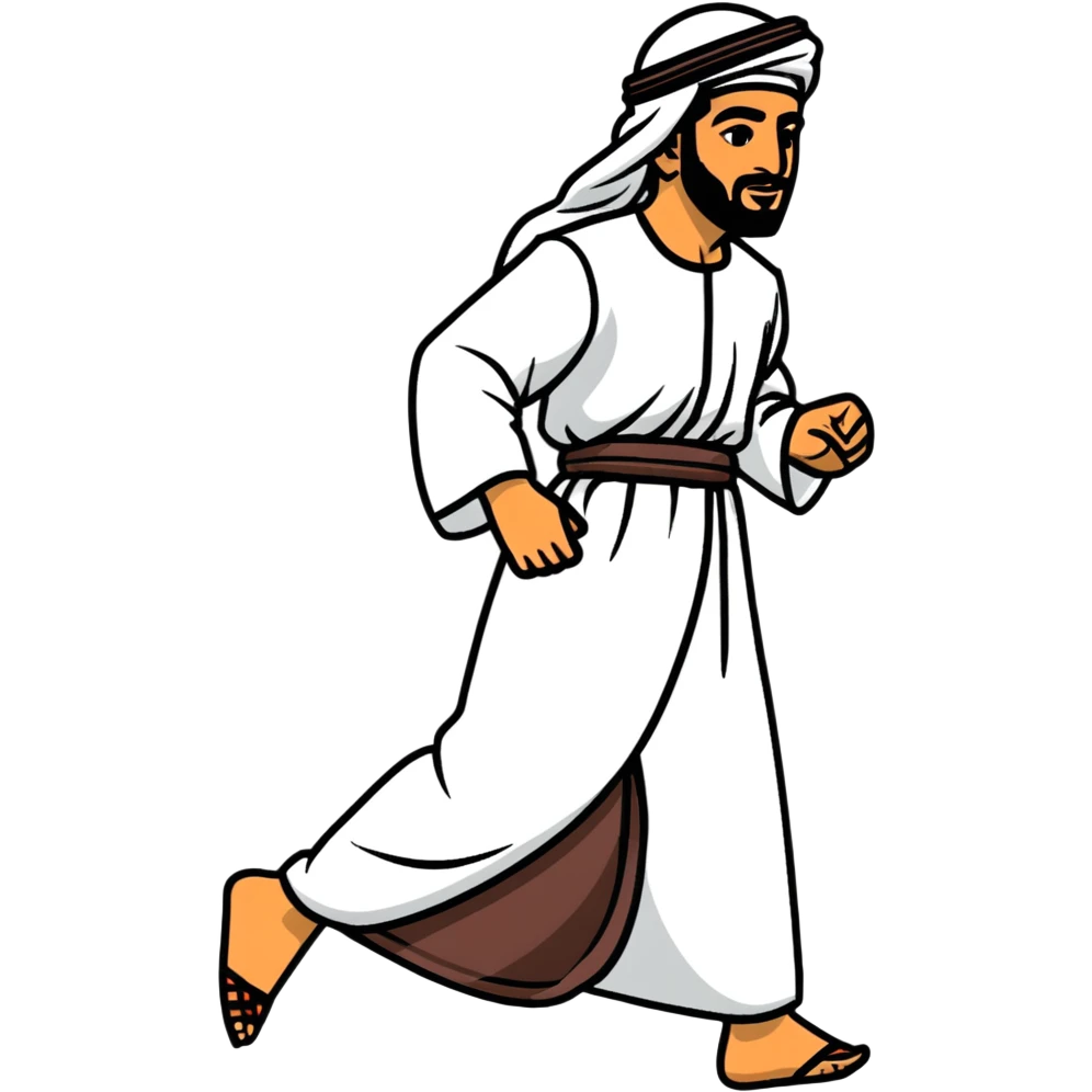 Arab man walking confidently in traditional clothing, side view, mid-stride emoji