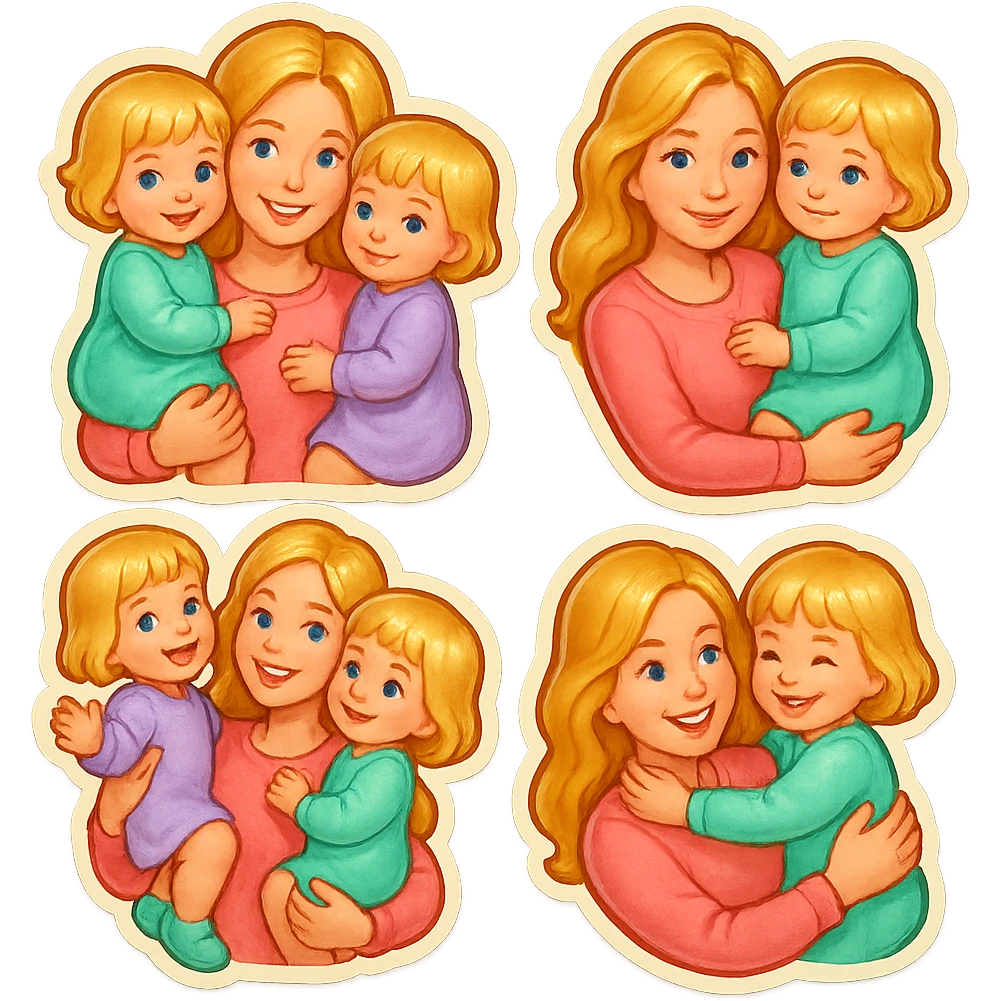 mom with long light hair holding two twin girls with short light hair, all in pastel cute clothes, soft shadows and highlights, retro stickers style, photo inspired, multiple pose variations emoji