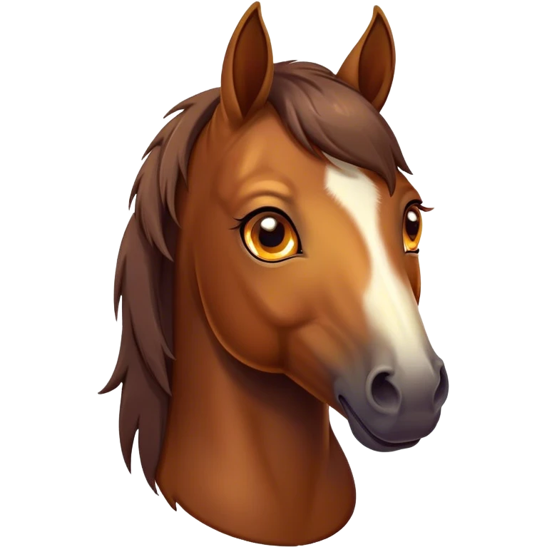 Cinematic Cute Bay Horse Portrait Emoji, Head tilted playfully and inquisitively, showcasing a glossy bay fur with a vibrant sheen and expressive amber eyes filled with curiosity, Simplified yet irresistibly adorable features, highly detailed, glowing with a warm, friendly glow, high shine, affectionate and spirited, stylized with a touch of whimsy, bright and endearing, soft glowing outline, capturing the essence of a mischievous yet loving horse, so playful it feels like it could prance out of the screen and into your arms! emoji