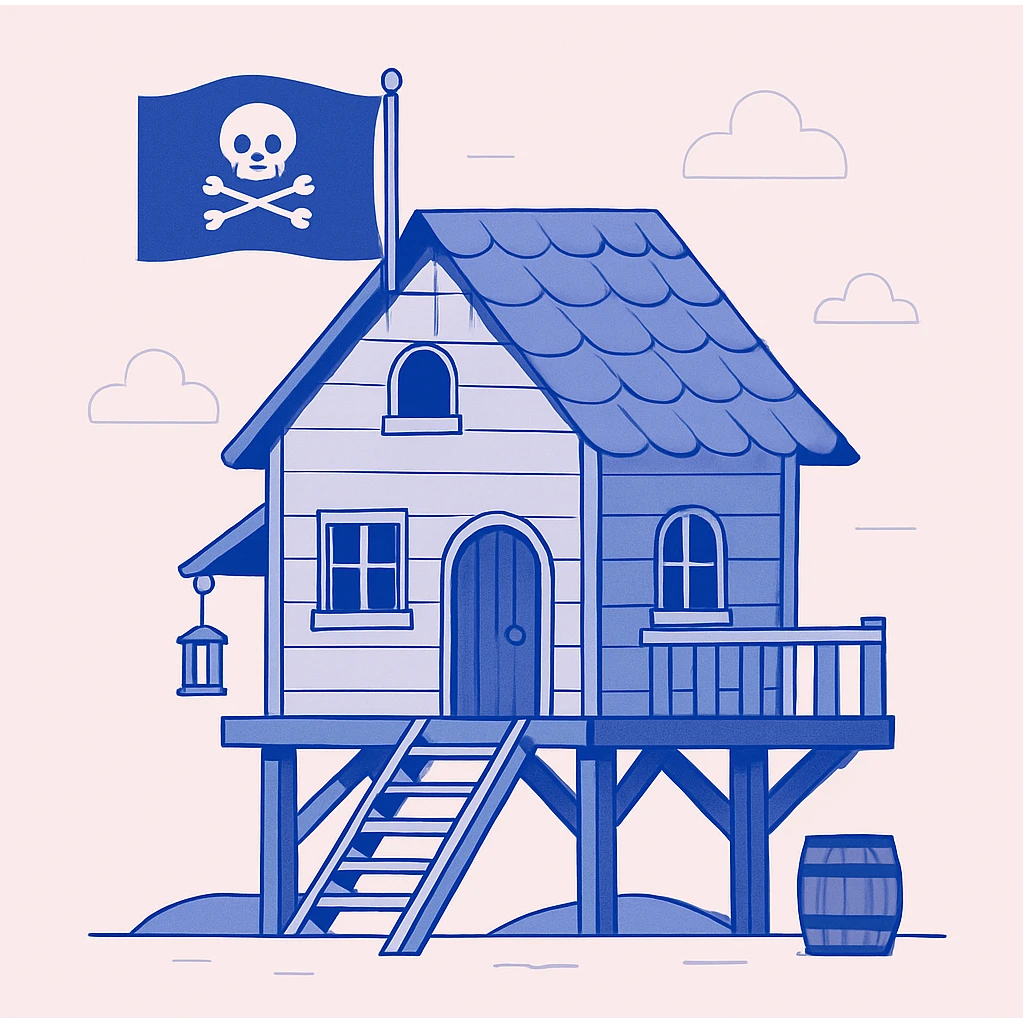 old pirate's house with skull flag emoji