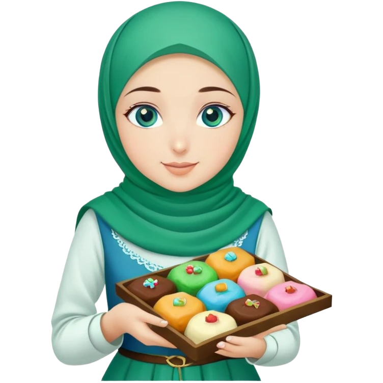 Turkish beautiful finish Konya girl blue eyes with green emerald yelhijab islamic dress and had on her hand text Eid Mubarak with sweets and celebrating with her friends eid days   emoji