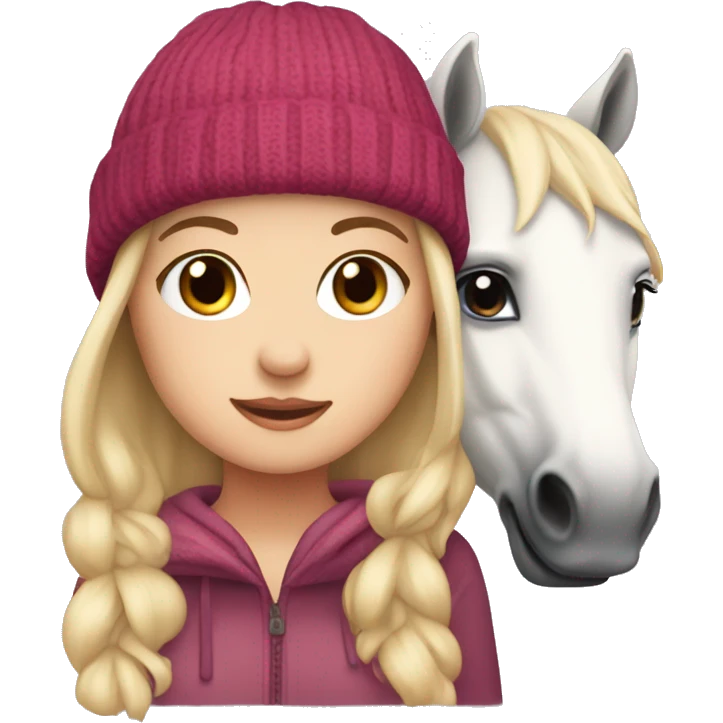 White girl with cute beanie and her horse  emoji