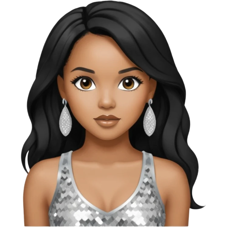 LeToya Luckett with black long hair, silver sequin crop top, silver earring emoji
