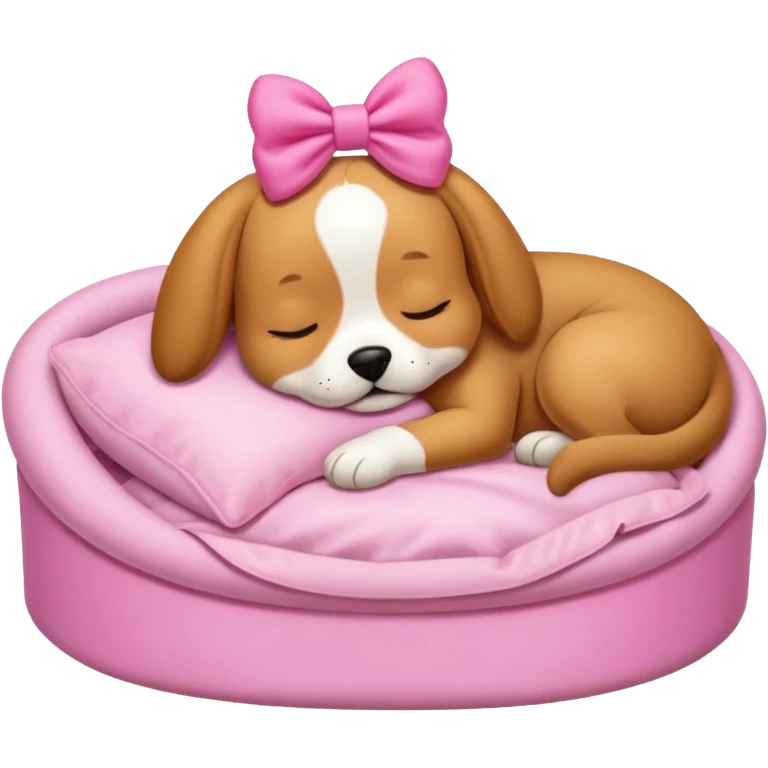Cute sleeping dog with a pink bow and bed emoji