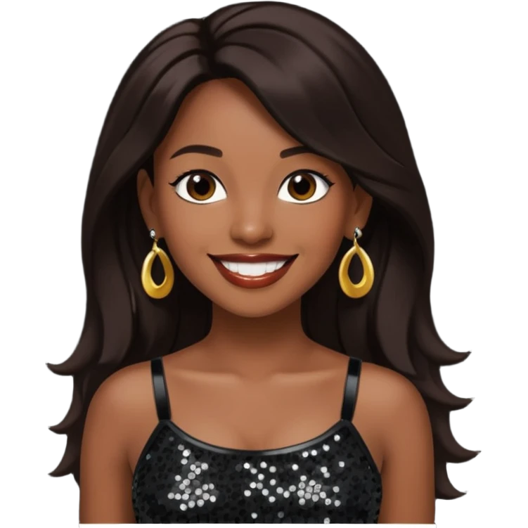 Chilli from TLC with long dark brown hair, black sequin crop top, black earring, dark skin emoji