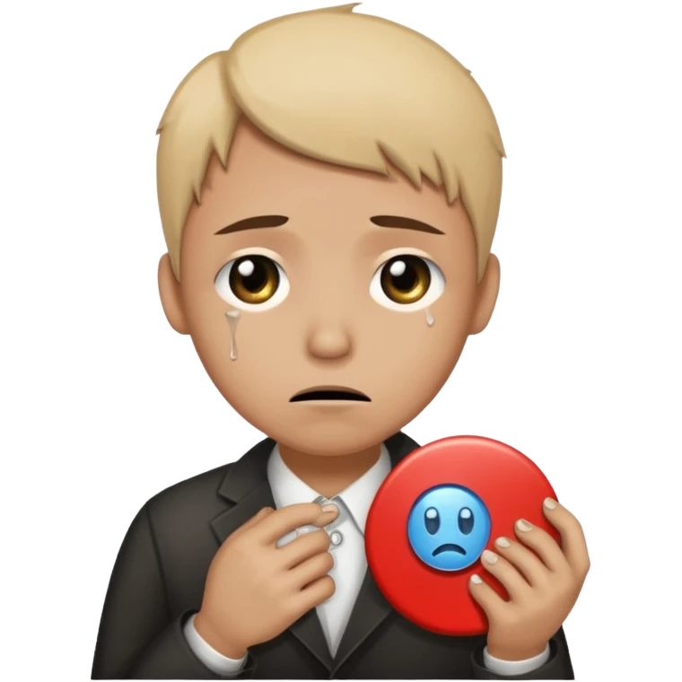 Face with tears holding a button saying its time for the world to end emoji