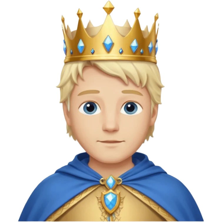 1 White king, blond hair, blue eyes, kind and benevolent vibe, gentle smile, wearing a crown and blue cloak emoji emoji
