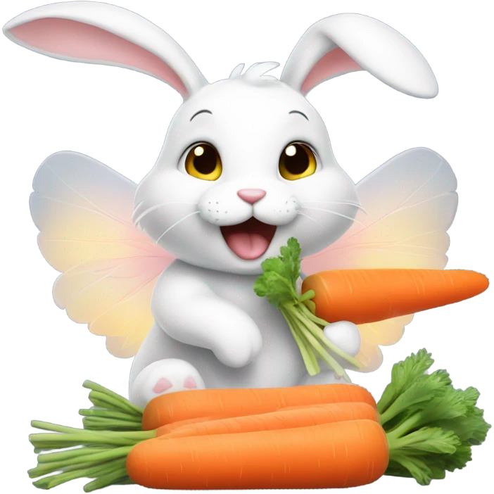 Adorable bunny eating carrots with fairy wings on  emoji
