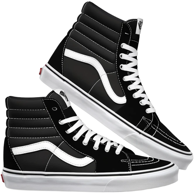 Pair of black Vans Sk8-Hi high top sneakers with white stripe, one positioned behind the other, showing the signature side stripe, black canvas and suede emoji