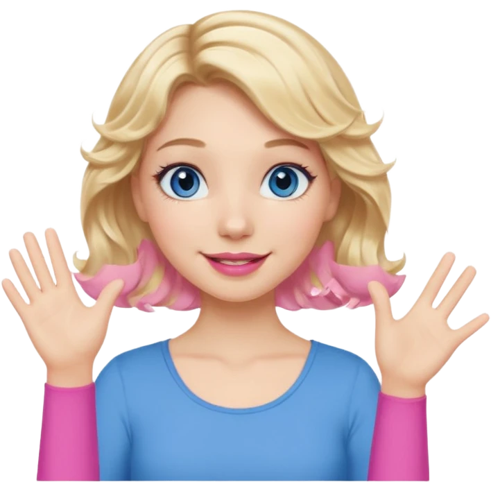 Girl Blonde short wavy hair,  blue eyes, cute blue top, long lashes, pink lips, waving hello  emoji