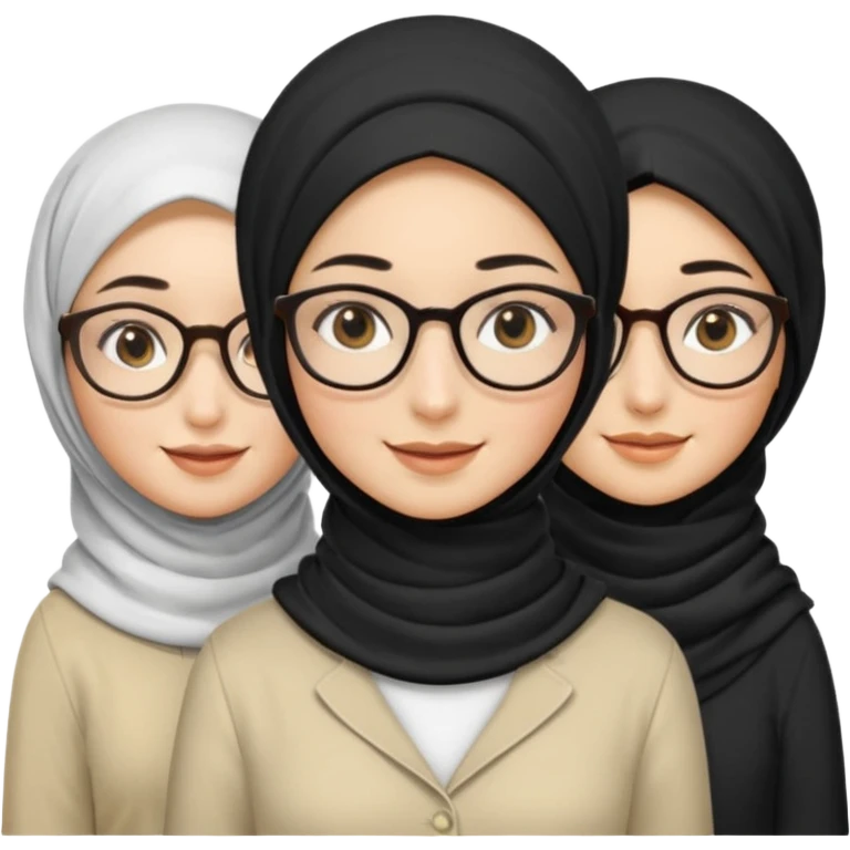 White hijabi girl with black eyes with another girl have long black hair wearing glasses with  another another girl have curly short  honey hair and wearing white glasses  emoji