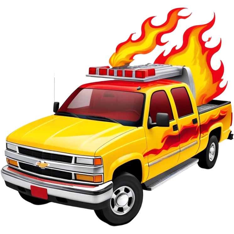 Yellow 1997 Chevrolet C-2500 Crew Cab with vibrant airbrushed red flame artwork flowing dramatically across hood and front, highly detailed fire pattern, Kill Bill movie vehicle, 30-degree view, iOS emoji style emoji
