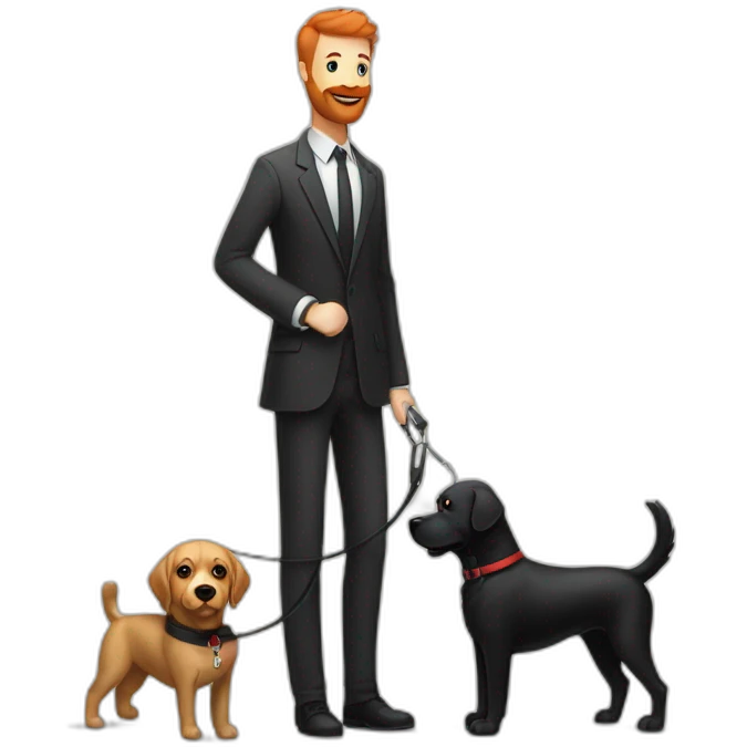 a handsome, slender man in a  sporting a red beard, standing next to a black Labrador dog, holding it on a leash emoji