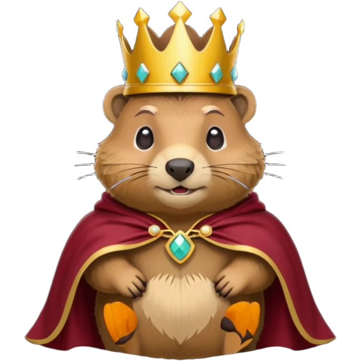 Groundhog wearing crown with a maroon cape with KPM embroidered on the cape emoji