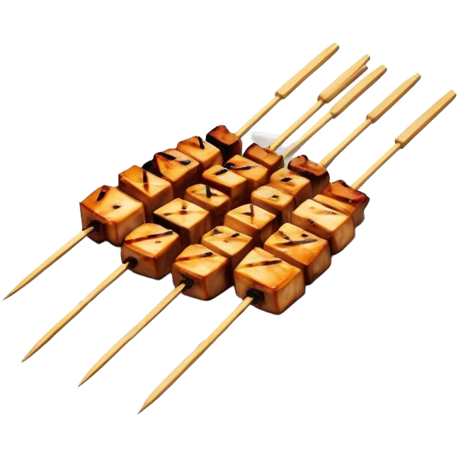 Cinematic Realistic Yakitori Dish Emoji, depicted as skewered, grilled chicken pieces with a charred finish rendered with crisp textures and appetizing, natural lighting. emoji