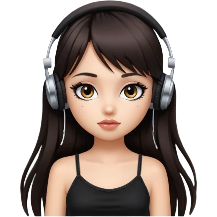 generate a pretty bratz girl in black cami top, dark brown straight long hair with bangs, eyeliner on, listeninh to music emoji
