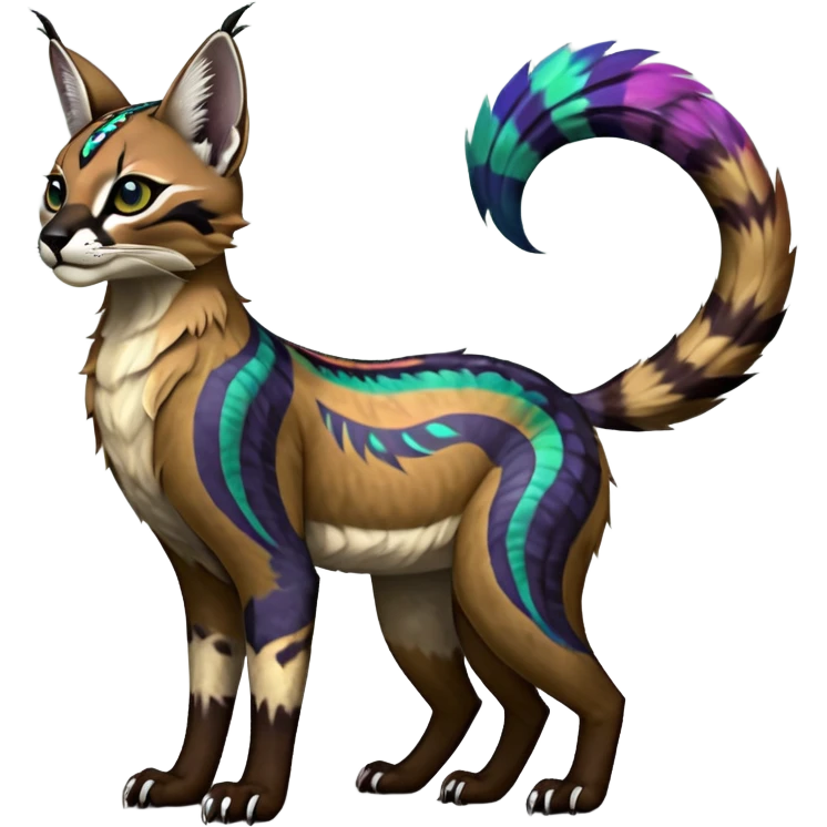 Colorful dark tropical tribal glorious iridescent divine exotic cute cool beautiful beautiful fantasy-caracal-civet-genet-sergal-vernid-Gryphon-Cacomistle-Trico-oncilla-animal-Fakémon-hybrid-fursona (full body) emoji