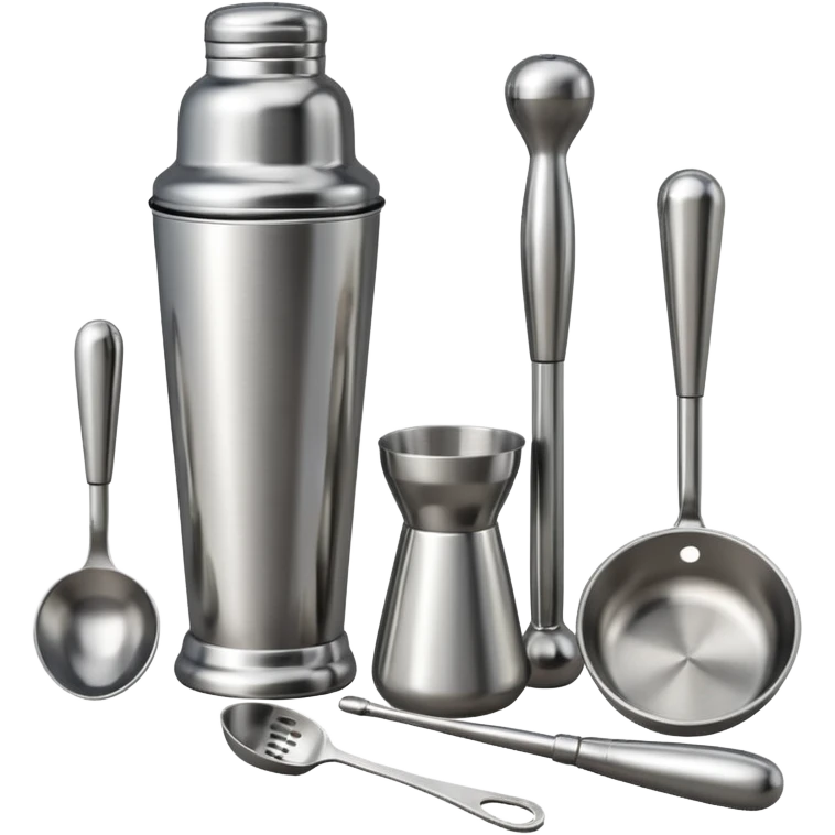 A metal shaker set including a shaker, jigger, and muddler neatly placed on the counter.
 emoji
