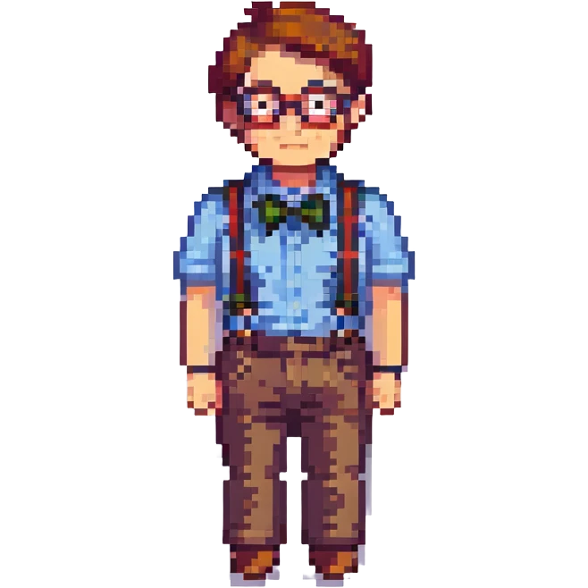pixel art icon of a nerd with round glasses and suspenders emoji
