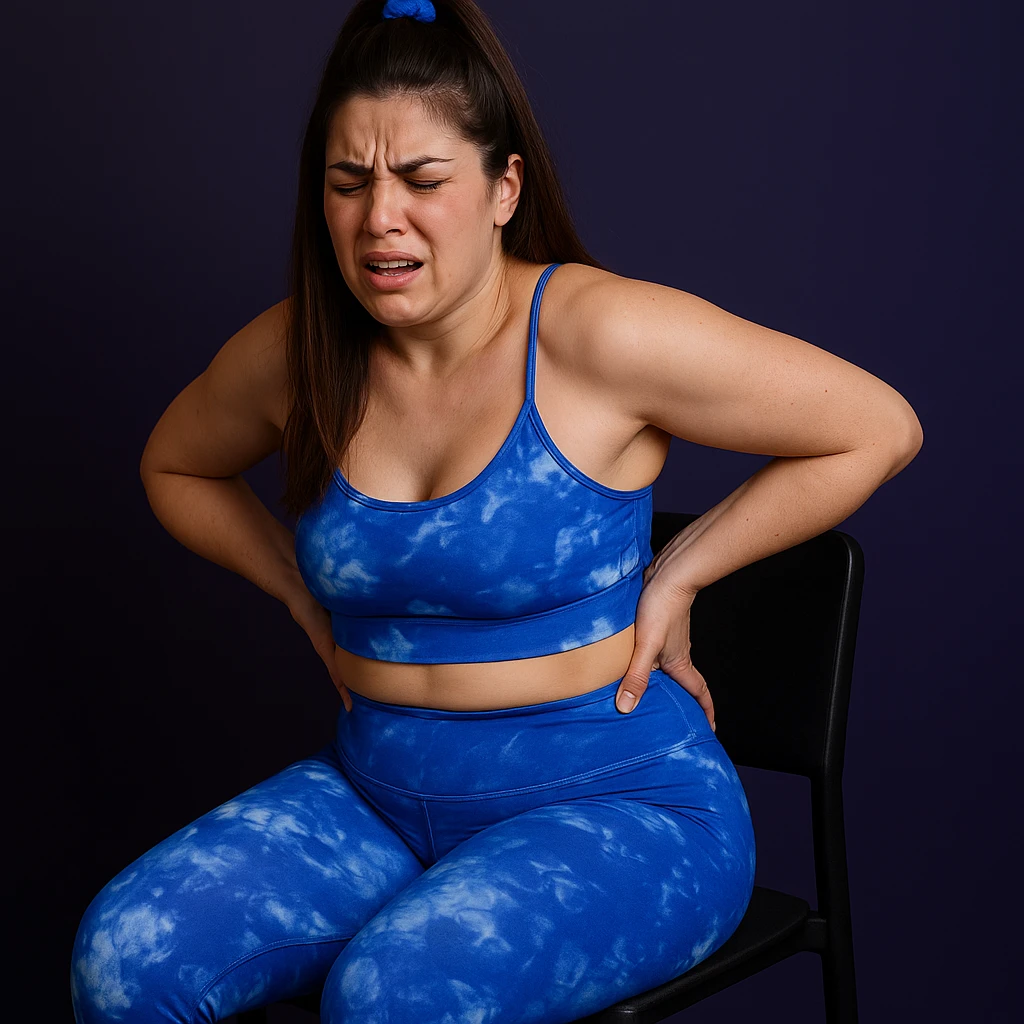Realistic woman in 4K inspired by the reference photo, sitting on a chair with one hand pressing on the left hip and the other on the lower back, expression of intense pain. emoji