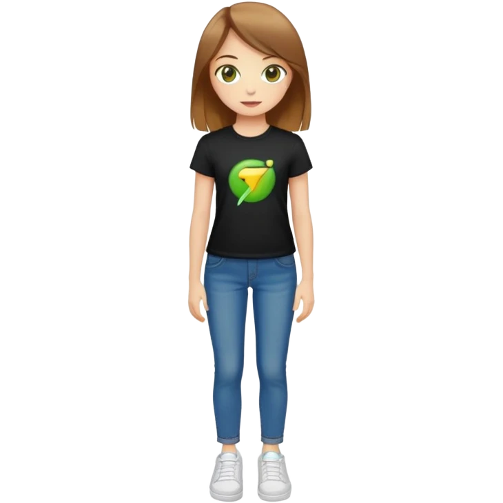 Create an emoji with a picture of a girl with straight light brown hair, yellow-green eyes, wearing a tight black T-shirt, blue wide jeans and white sneakers emoji